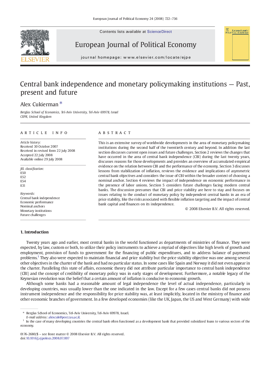 Central bank independence and monetary policymaking institutions - Past, present and future