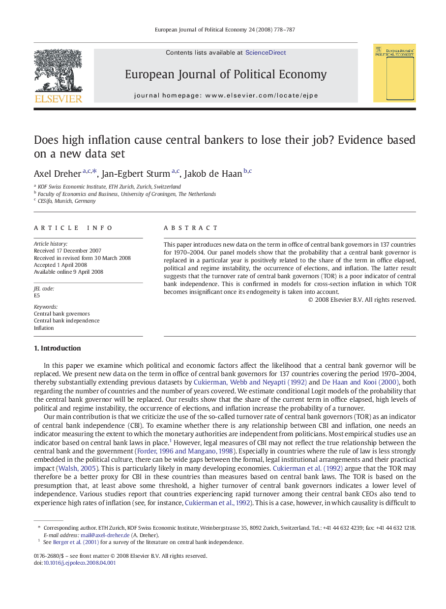 Does high inflation cause central bankers to lose their job? Evidence based on a new data set