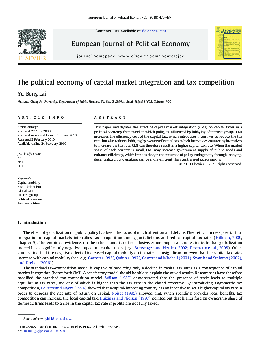 The political economy of capital market integration and tax competition