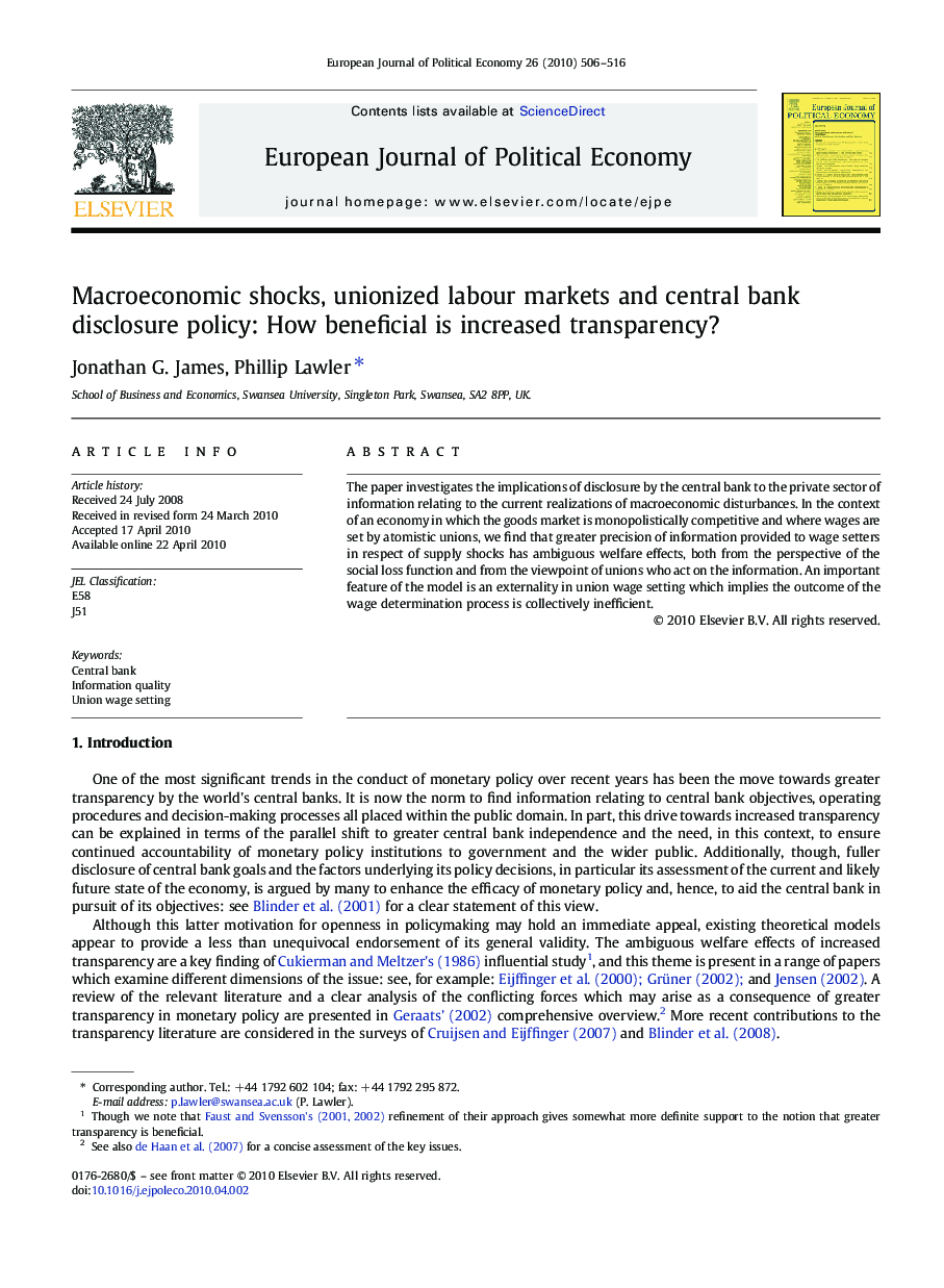 Macroeconomic shocks, unionized labour markets and central bank disclosure policy: How beneficial is increased transparency?