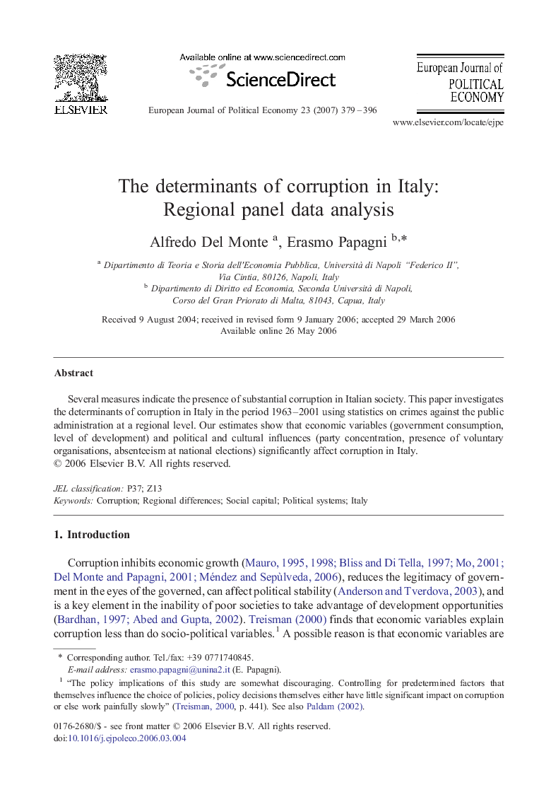 The determinants of corruption in Italy: Regional panel data analysis