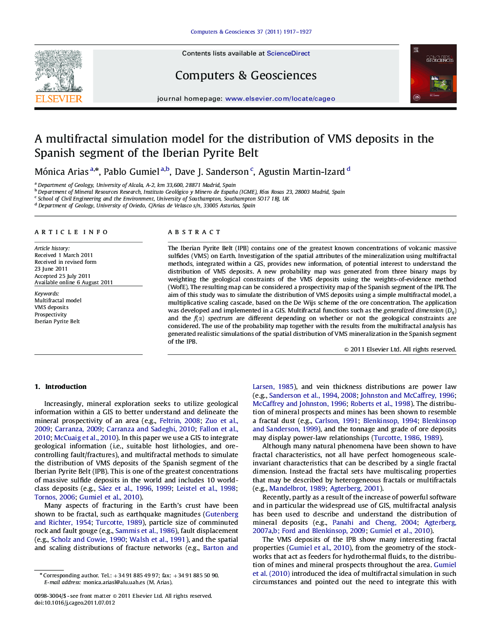 A multifractal simulation model for the distribution of VMS deposits in the Spanish segment of the Iberian Pyrite Belt