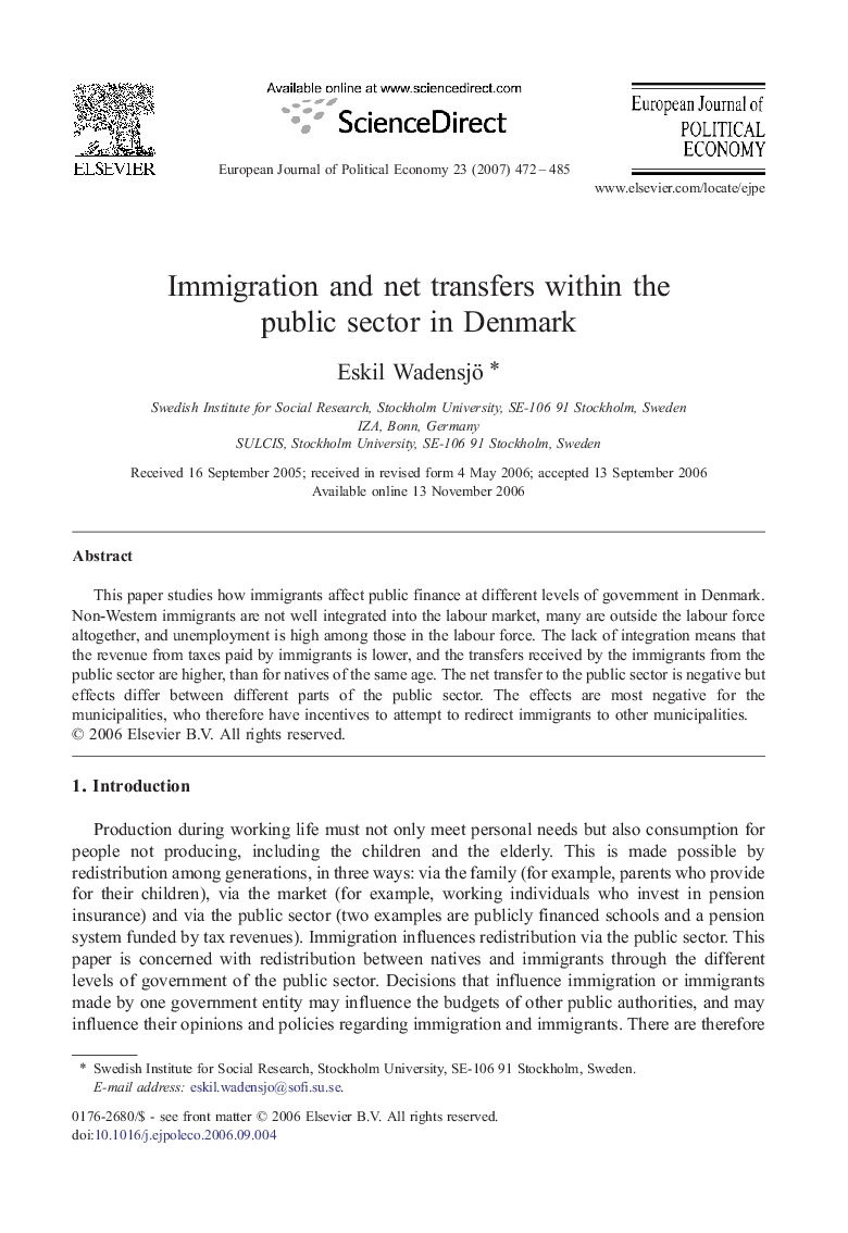 Immigration and net transfers within the public sector in Denmark