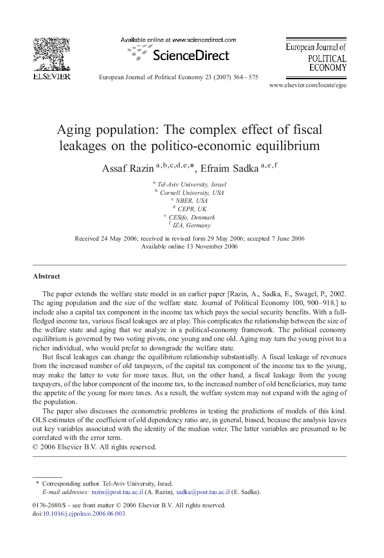Aging population: The complex effect of fiscal leakages on the politico-economic equilibrium