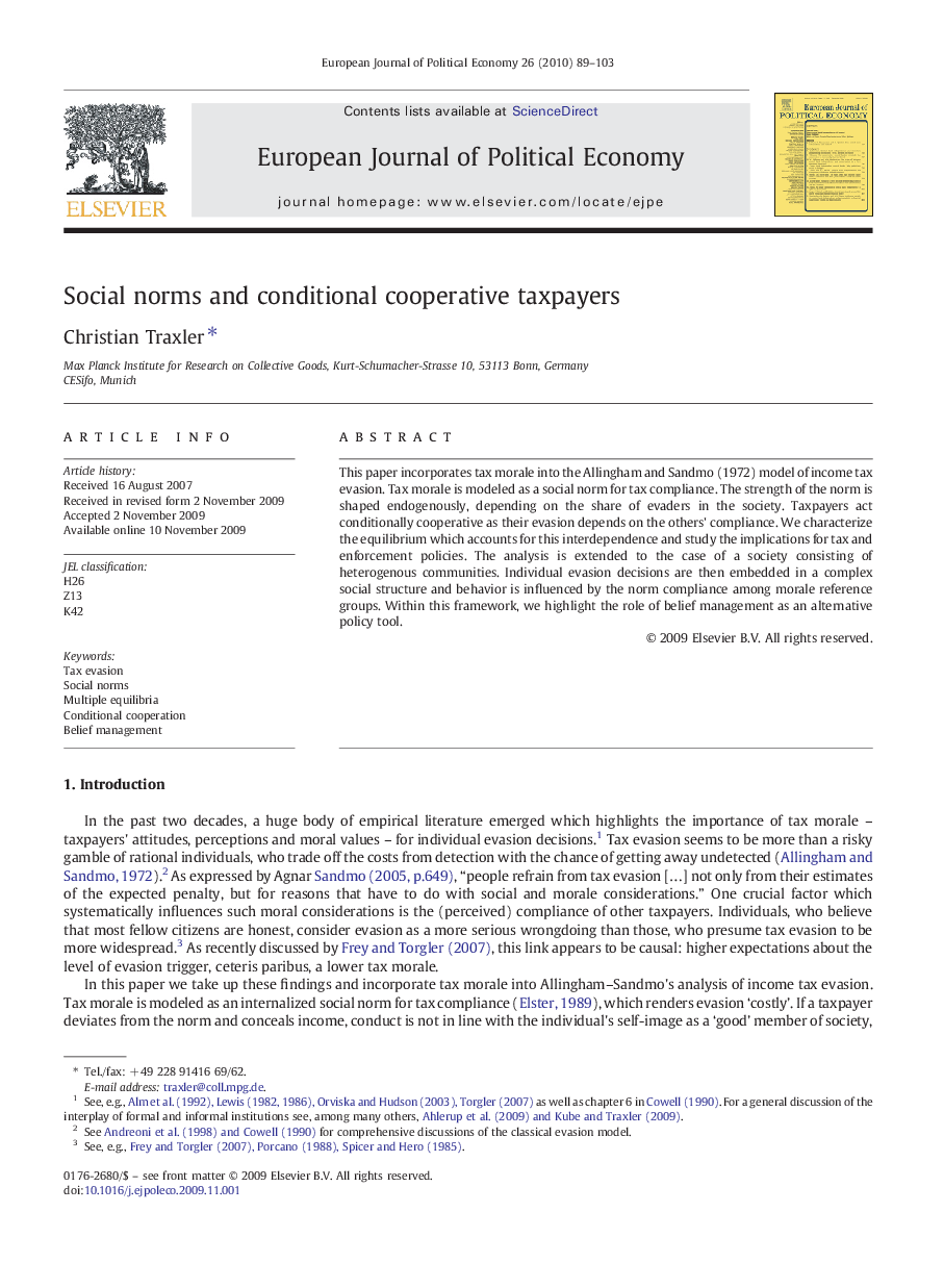 عکس صفحه اول مقاله: Social norms and conditional cooperative taxpayers Social norms and conditional cooperative taxpayers