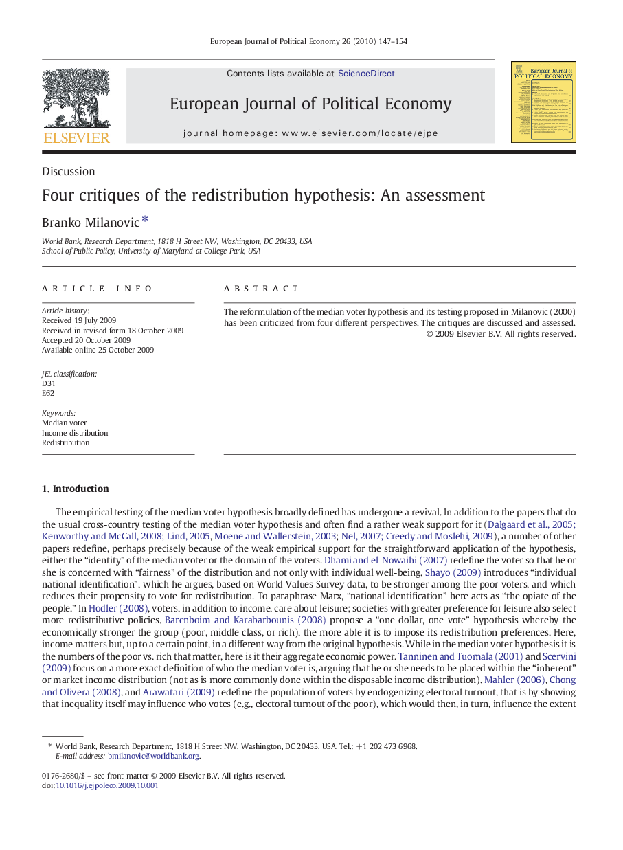 DiscussionFour critiques of the redistribution hypothesis: An assessment