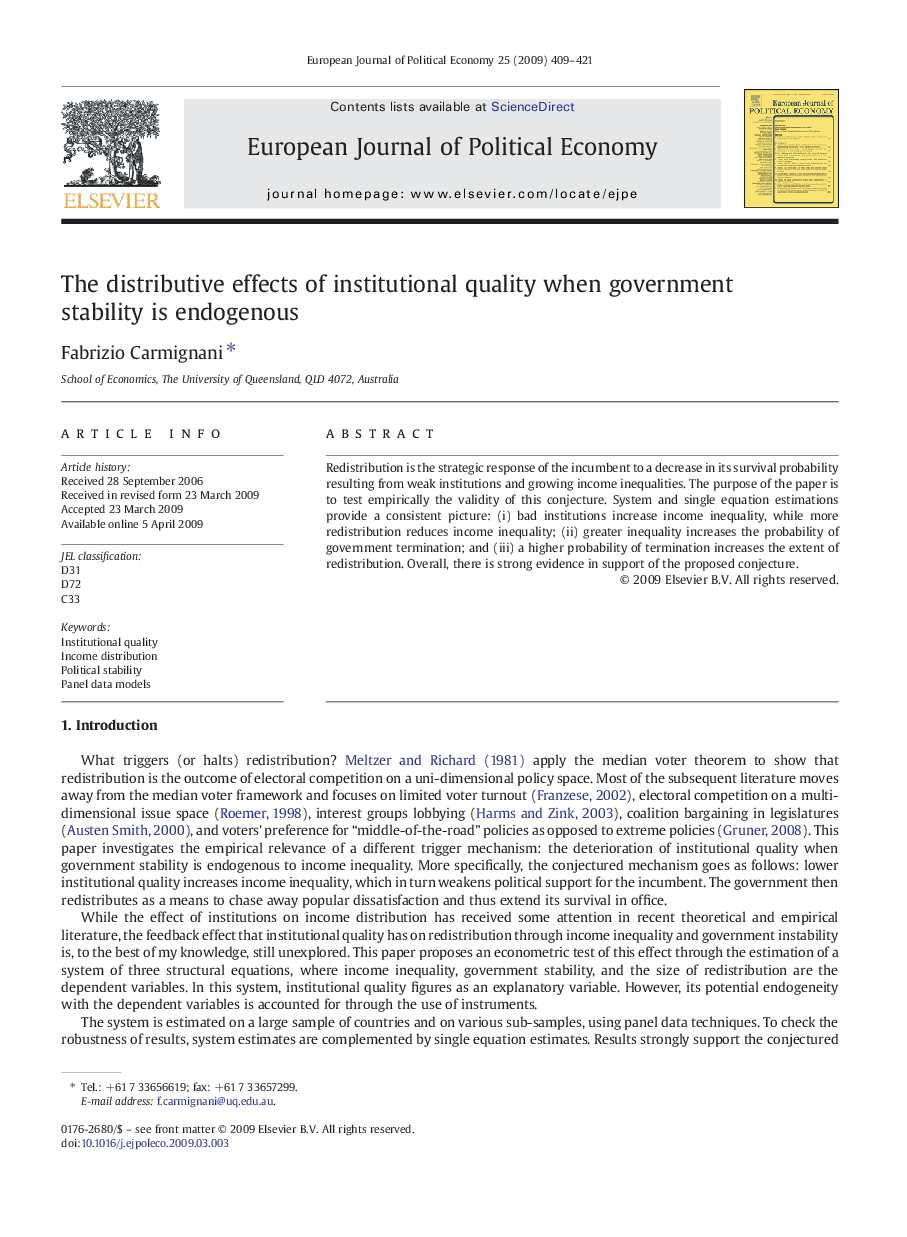 The distributive effects of institutional quality when government stability is endogenous