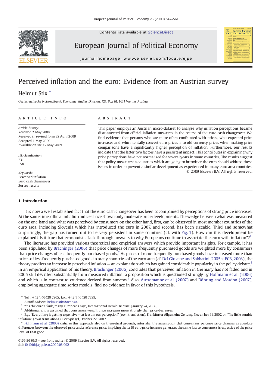 Perceived inflation and the euro: Evidence from an Austrian survey