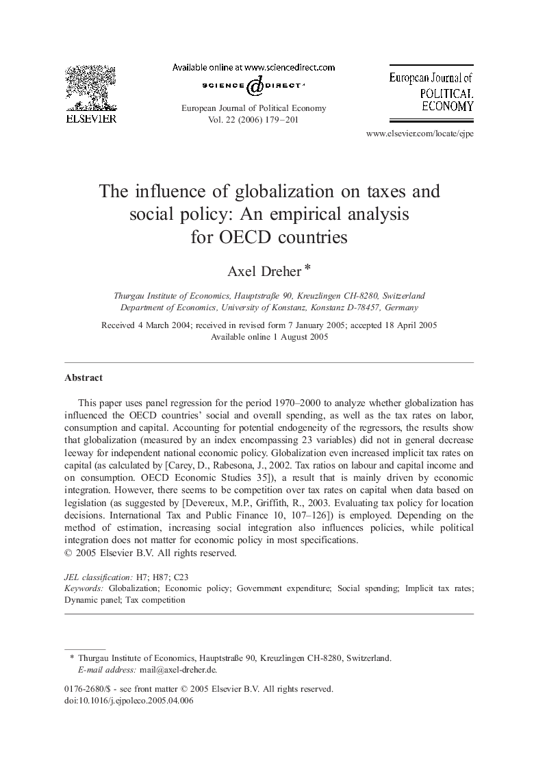 The influence of globalization on taxes and social policy: An empirical analysis for OECD countries