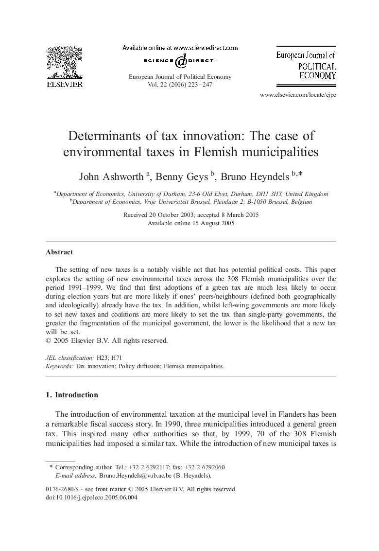 Determinants of tax innovation: The case of environmental taxes in Flemish municipalities