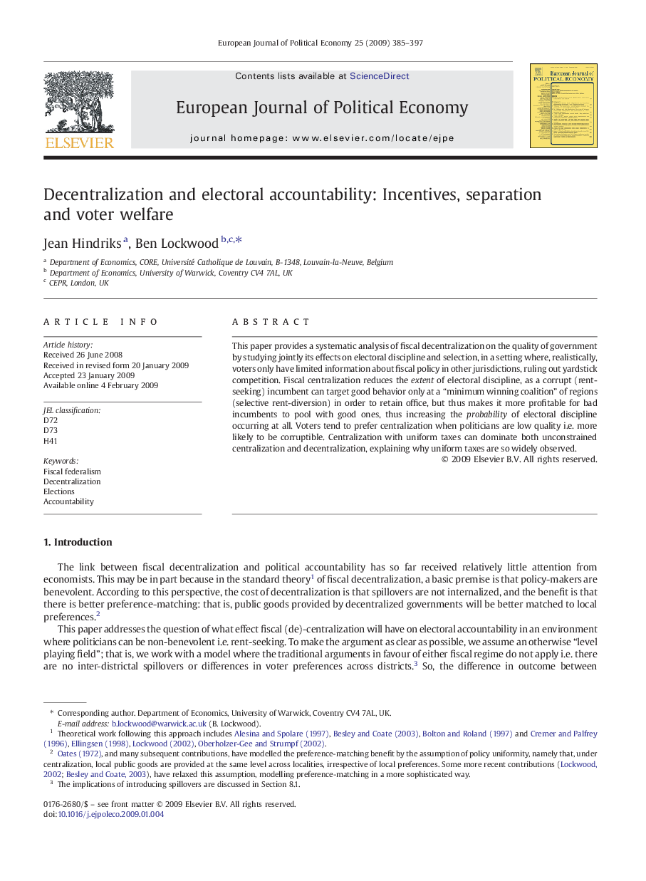 Decentralization and electoral accountability: Incentives, separation and voter welfare