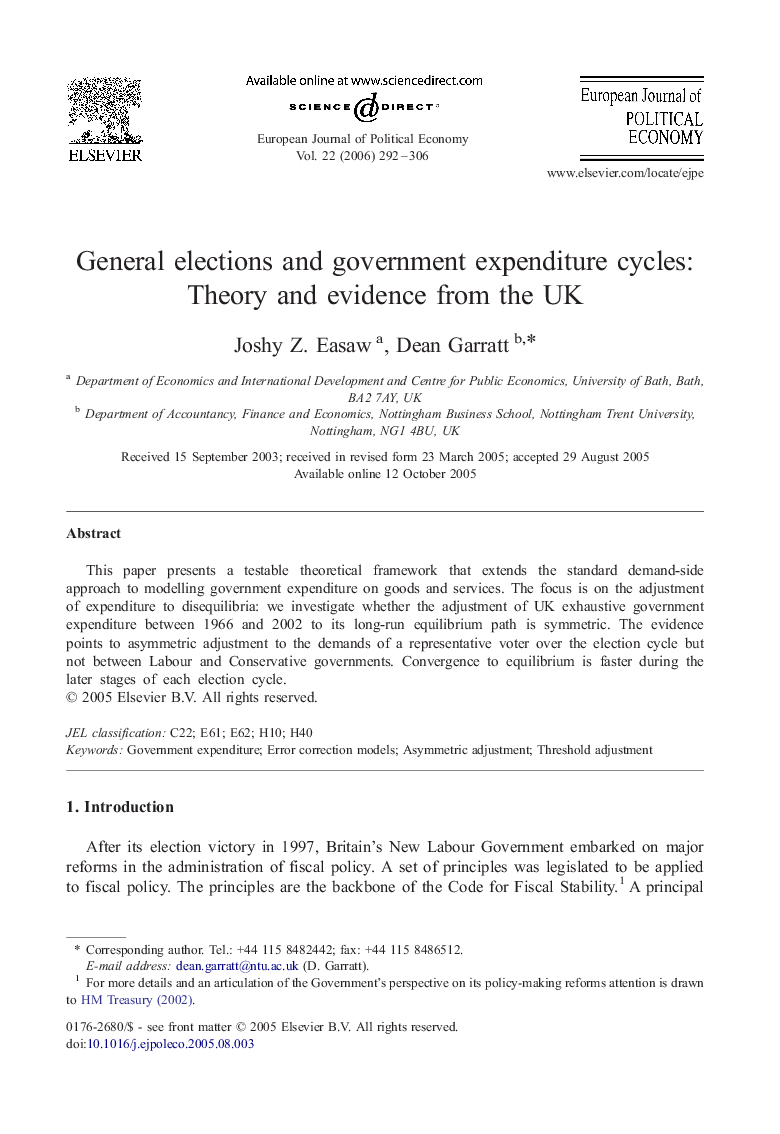 General elections and government expenditure cycles: Theory and evidence from the UK