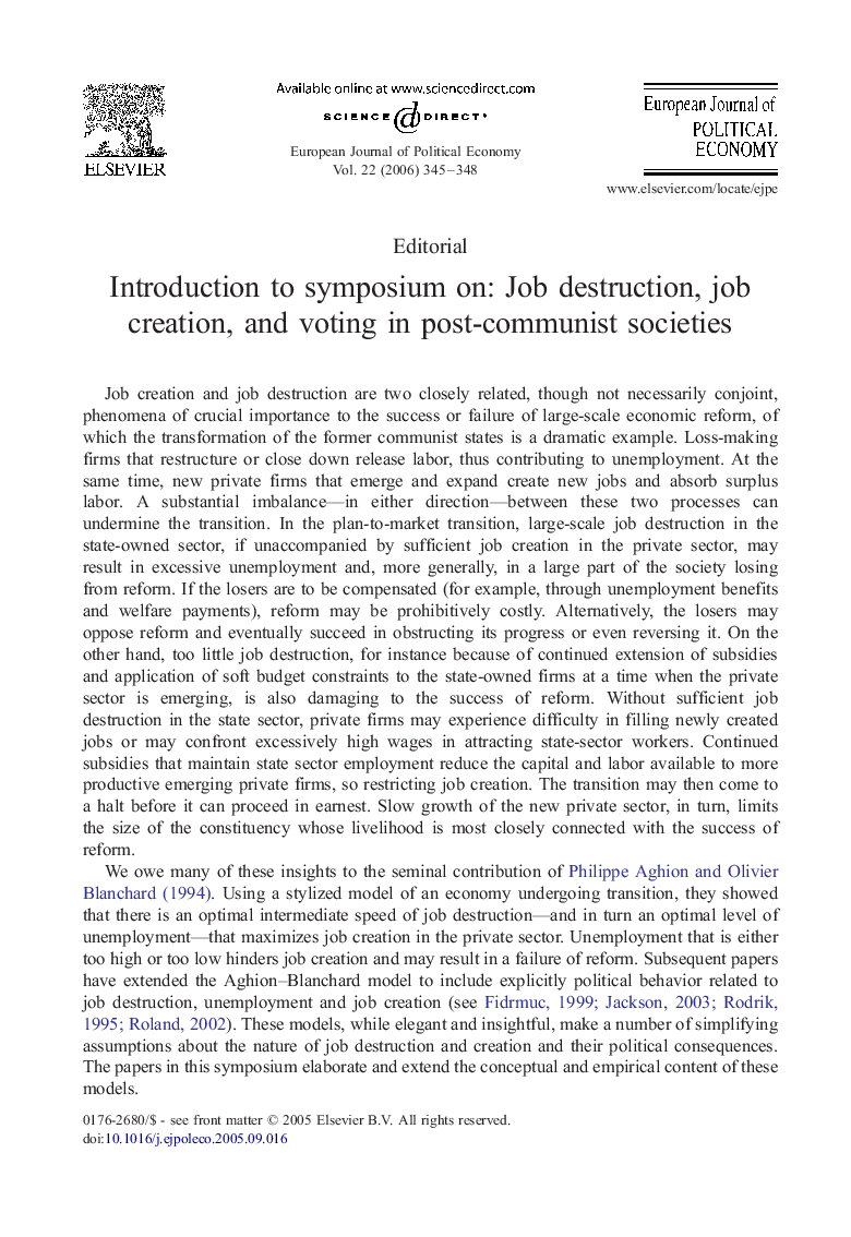 Introduction to symposium on: Job destruction, job creation, and voting in post-communist societies