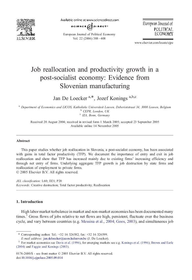 Job reallocation and productivity growth in a post-socialist economy: Evidence from Slovenian manufacturing