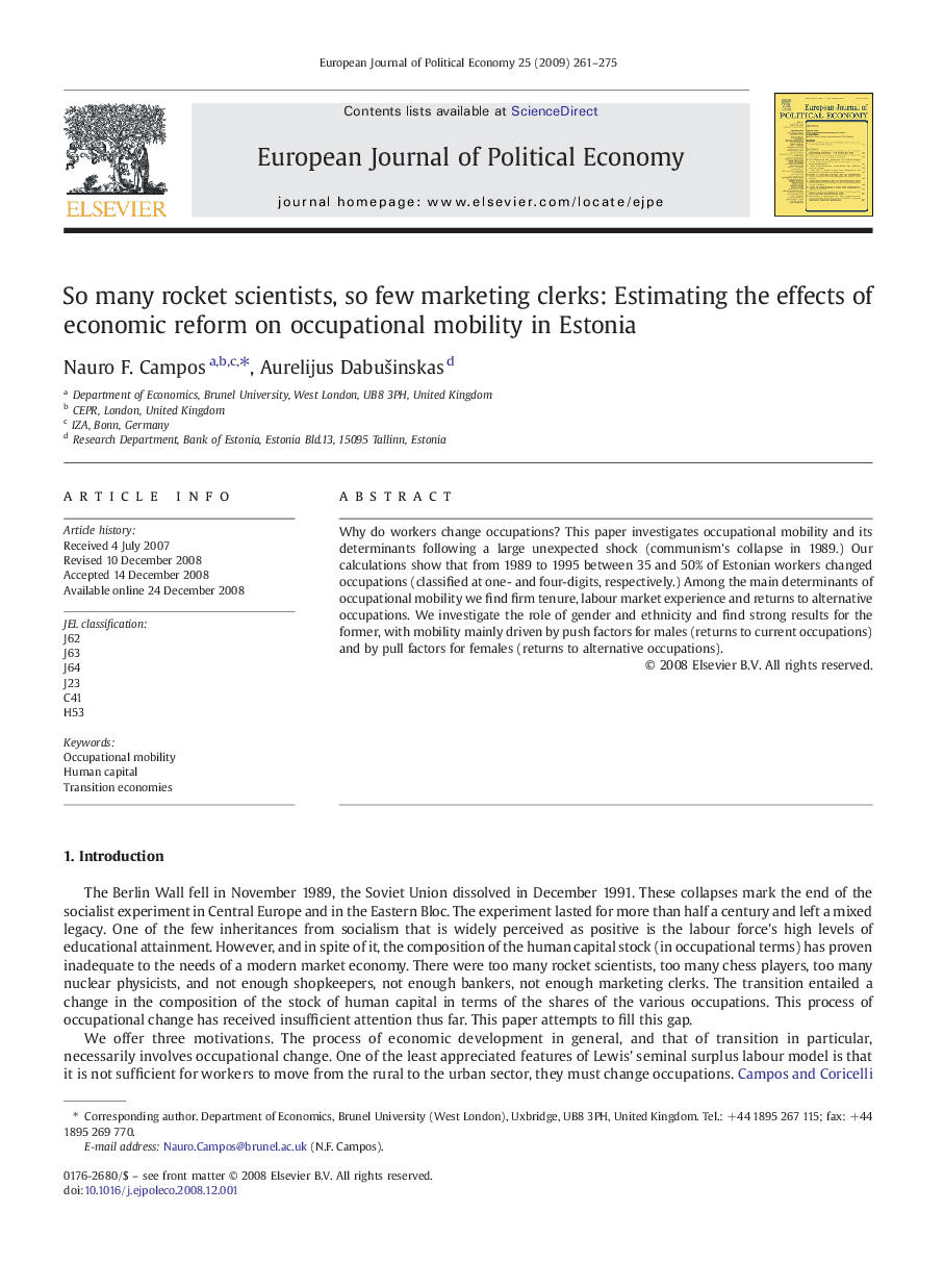 So many rocket scientists, so few marketing clerks: Estimating the effects of economic reform on occupational mobility in Estonia