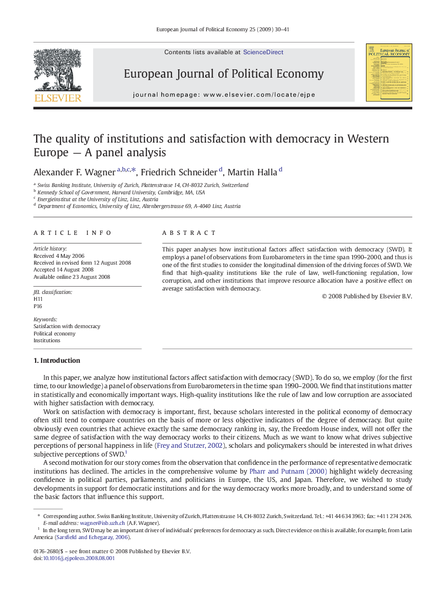 The quality of institutions and satisfaction with democracy in Western Europe - A panel analysis