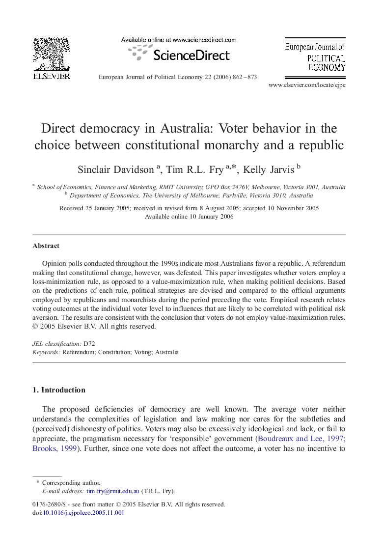 Direct democracy in Australia: Voter behavior in the choice between constitutional monarchy and a republic