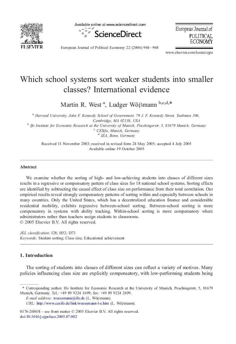 Which school systems sort weaker students into smaller classes? International evidence