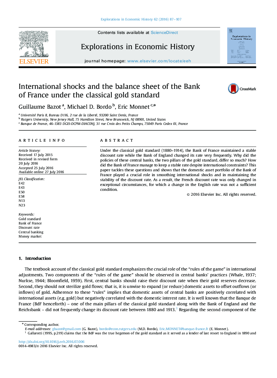 International shocks and the balance sheet of the Bank of France under the classical gold standard