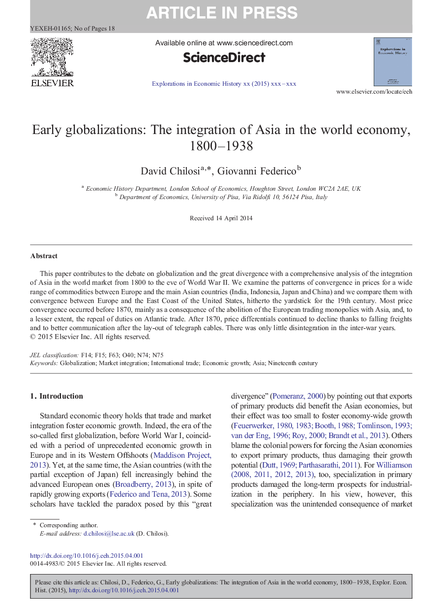 Early globalizations: The integration of Asia in the world economy, 1800-1938