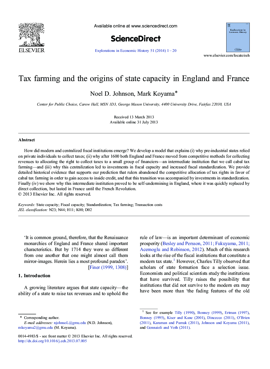 Tax farming and the origins of state capacity in England and France