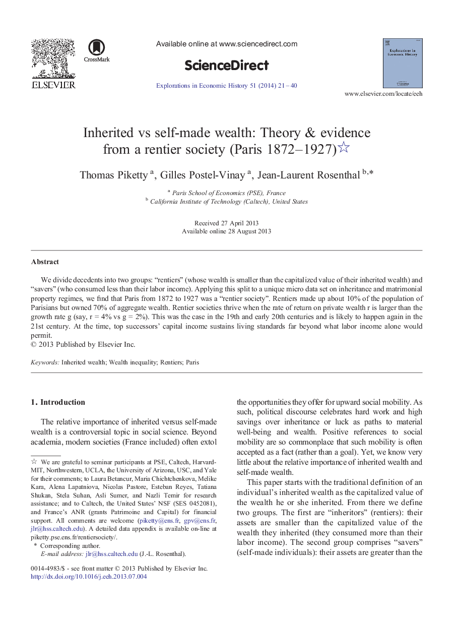 Inherited vs self-made wealth: Theory & evidence from a rentier society (Paris 1872-1927)