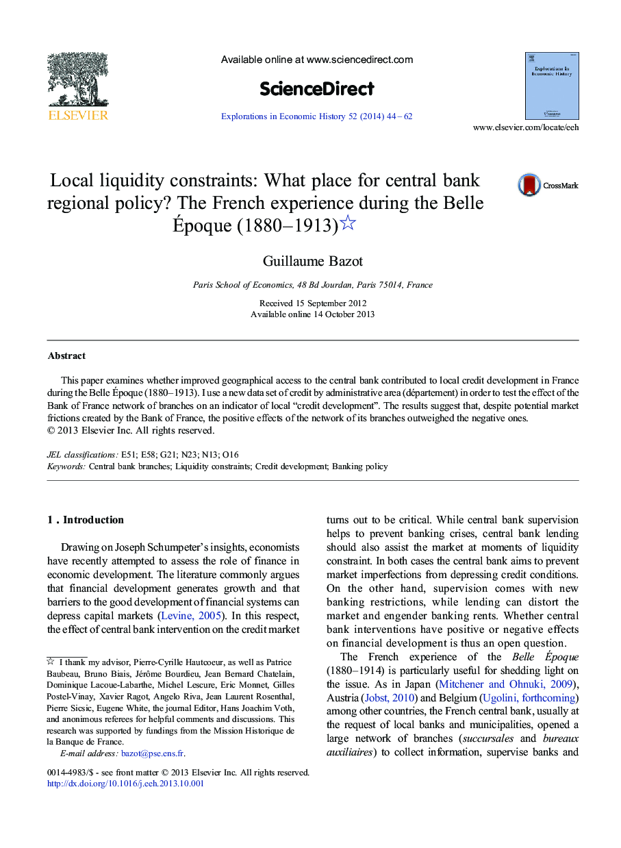 Local liquidity constraints: What place for central bank regional policy? The French experience during the Belle Ãpoque (1880-1913)