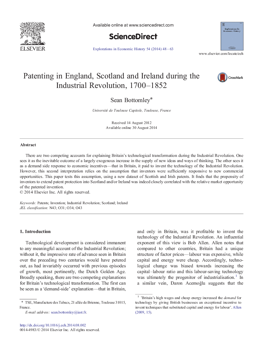 Patenting in England, Scotland and Ireland during the Industrial Revolution, 1700-1852