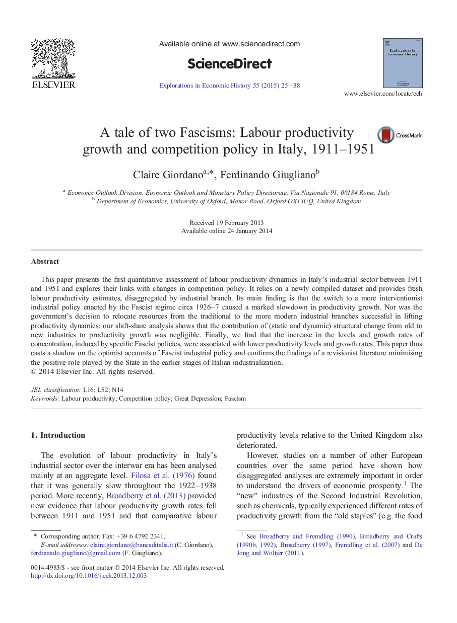 A tale of two Fascisms: Labour productivity growth and competition policy in Italy, 1911-1951