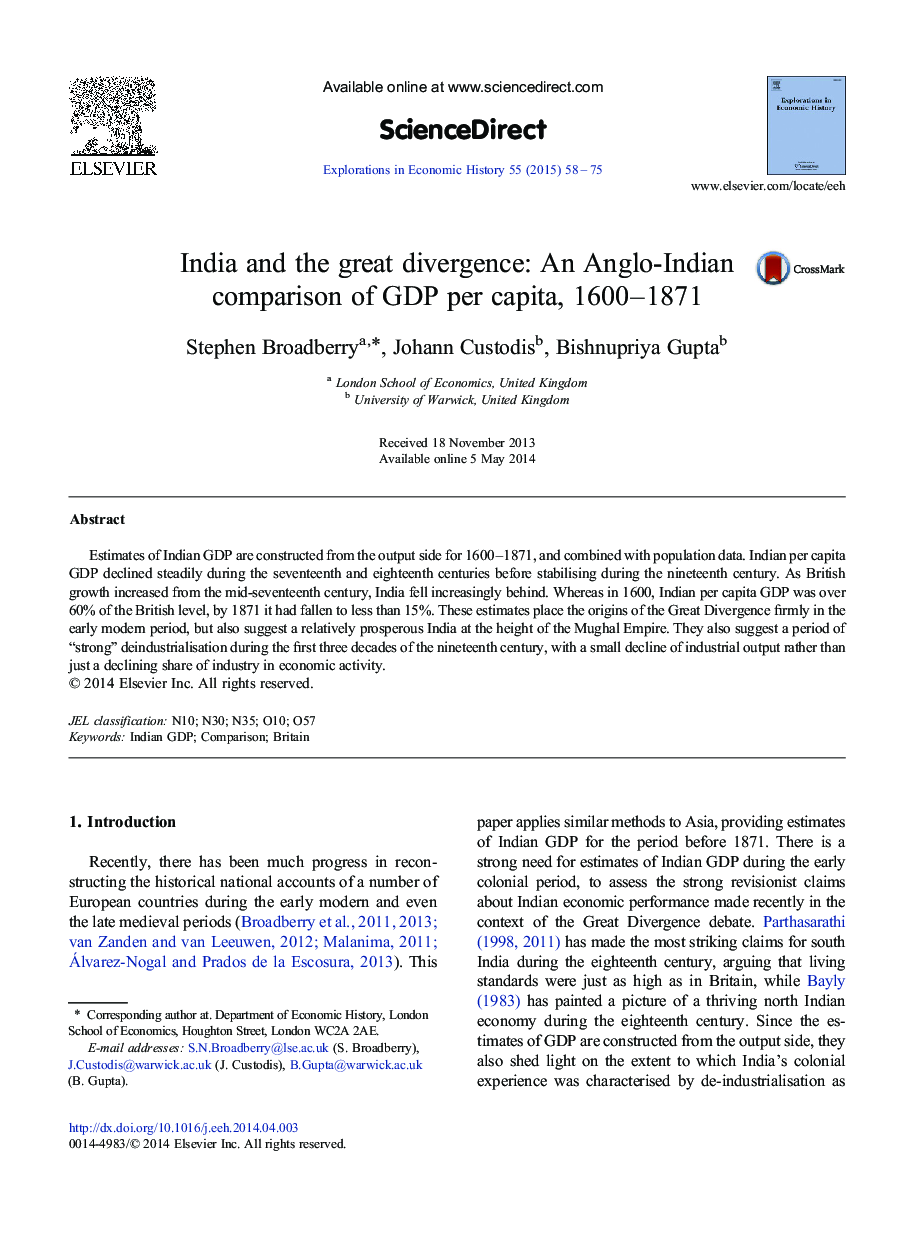 India and the great divergence: An Anglo-Indian comparison of GDP per capita, 1600-1871