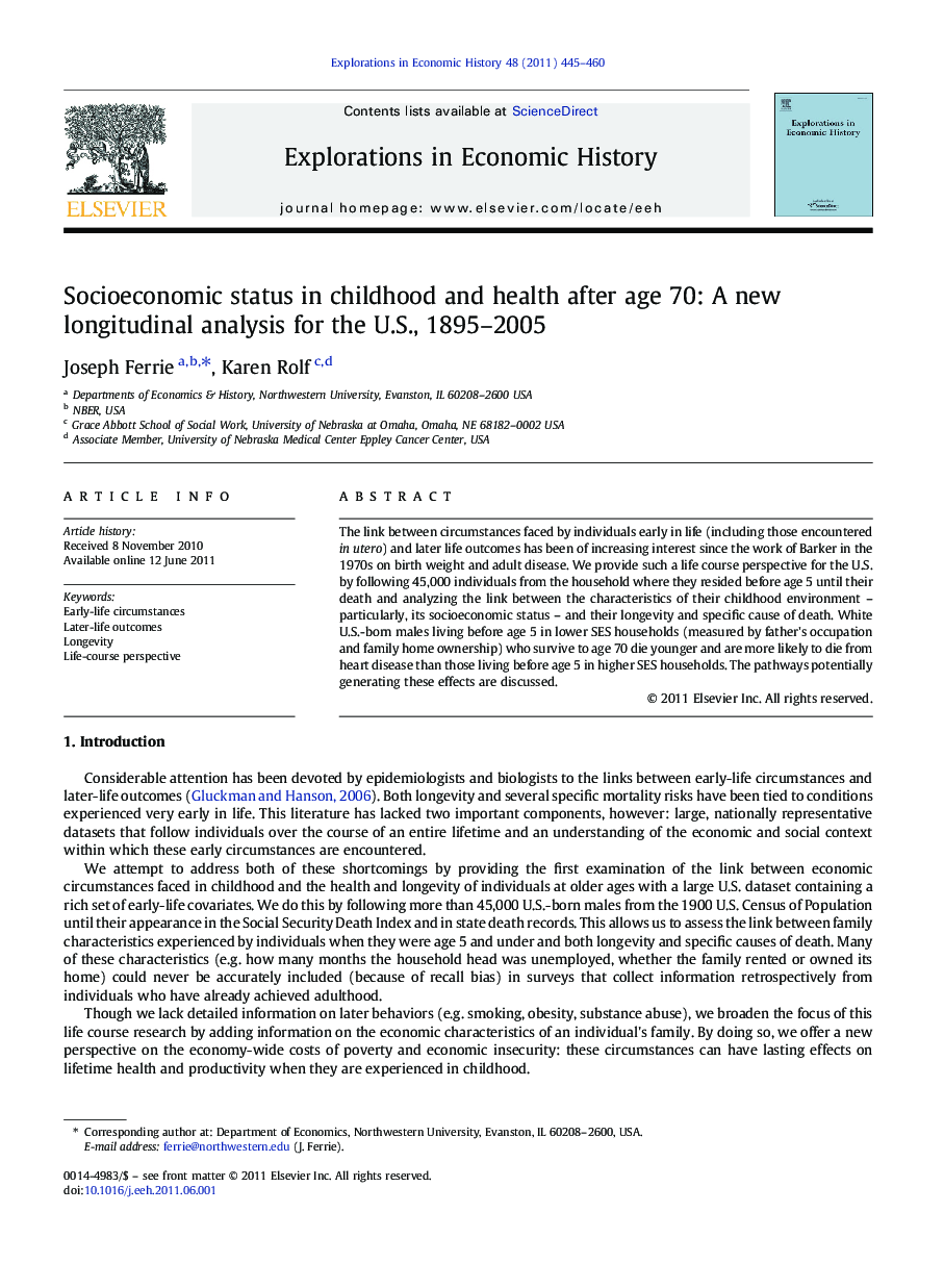 Socioeconomic status in childhood and health after age 70: A new longitudinal analysis for the U.S., 1895-2005