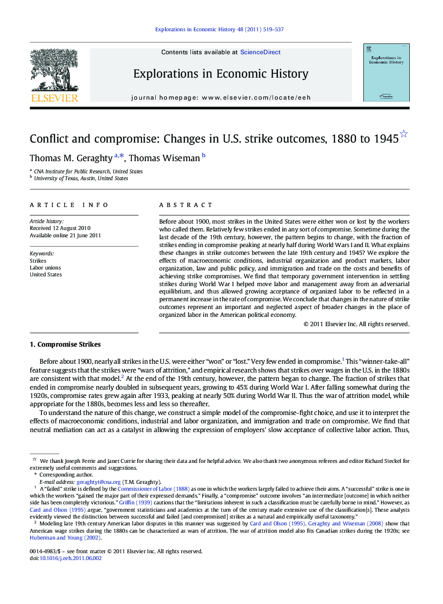 Conflict and compromise: Changes in U.S. strike outcomes, 1880 to 1945