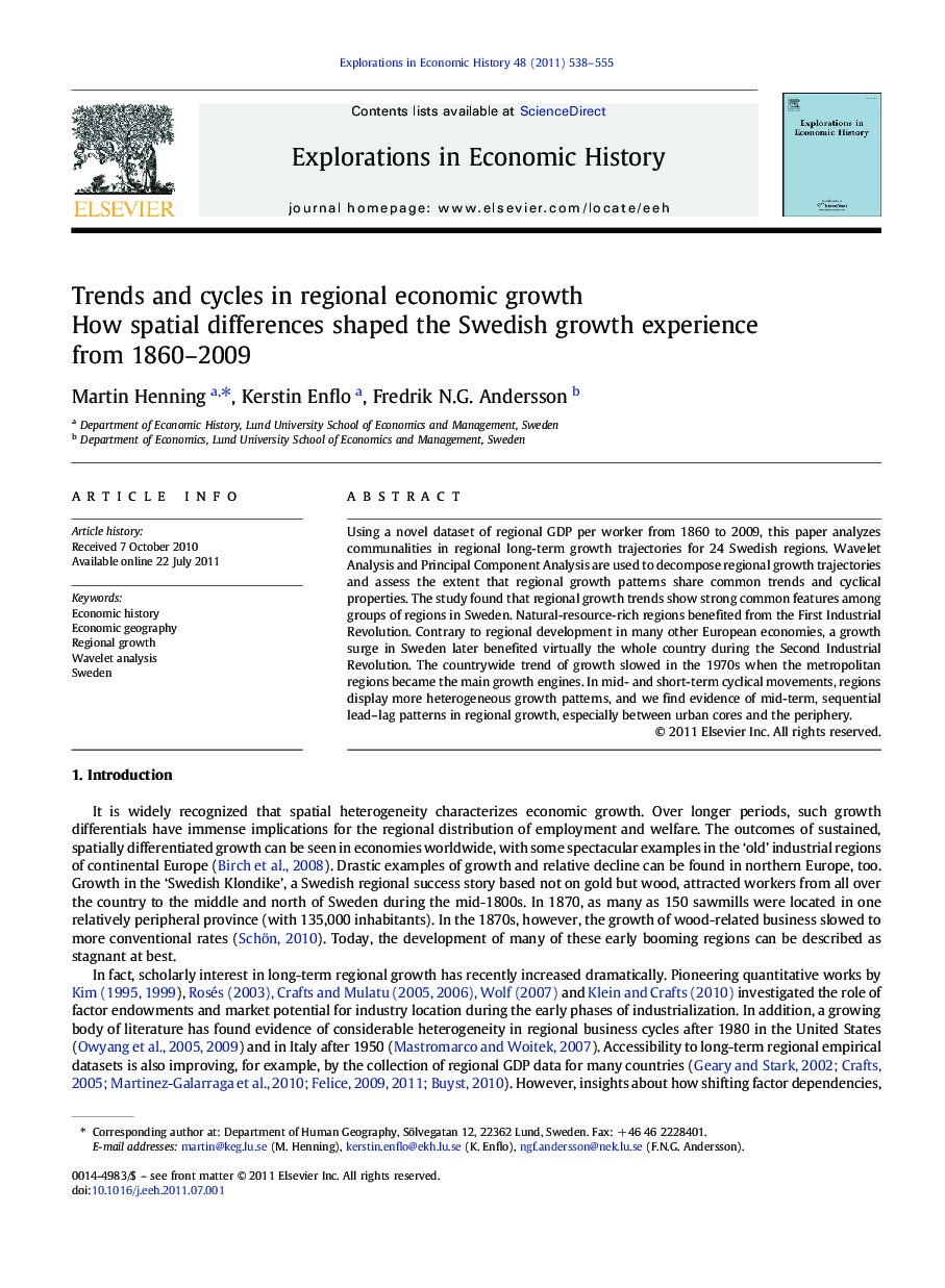 Trends and cycles in regional economic growth: How spatial differences shaped the Swedish growth experience from 1860-2009