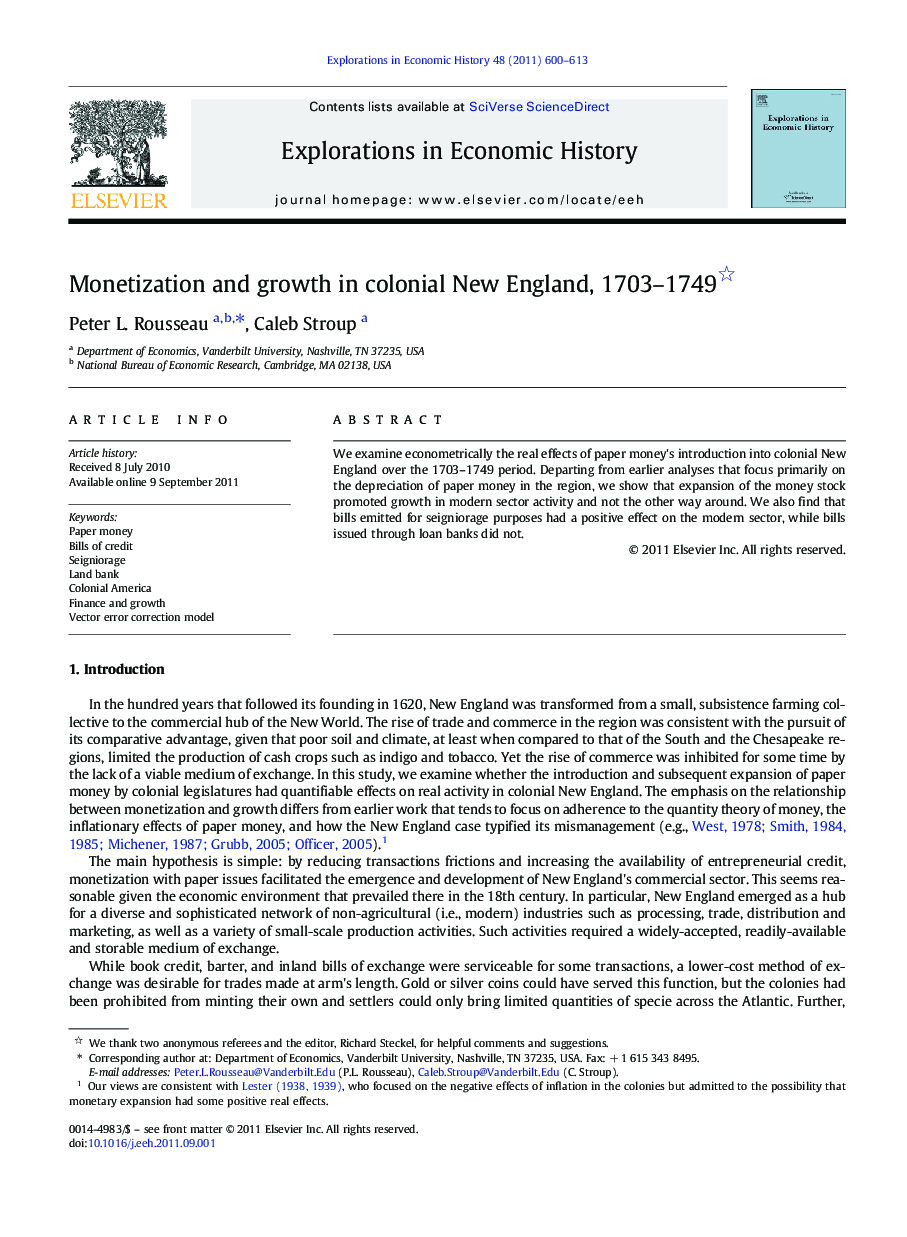 Monetization and growth in colonial New England, 1703-1749