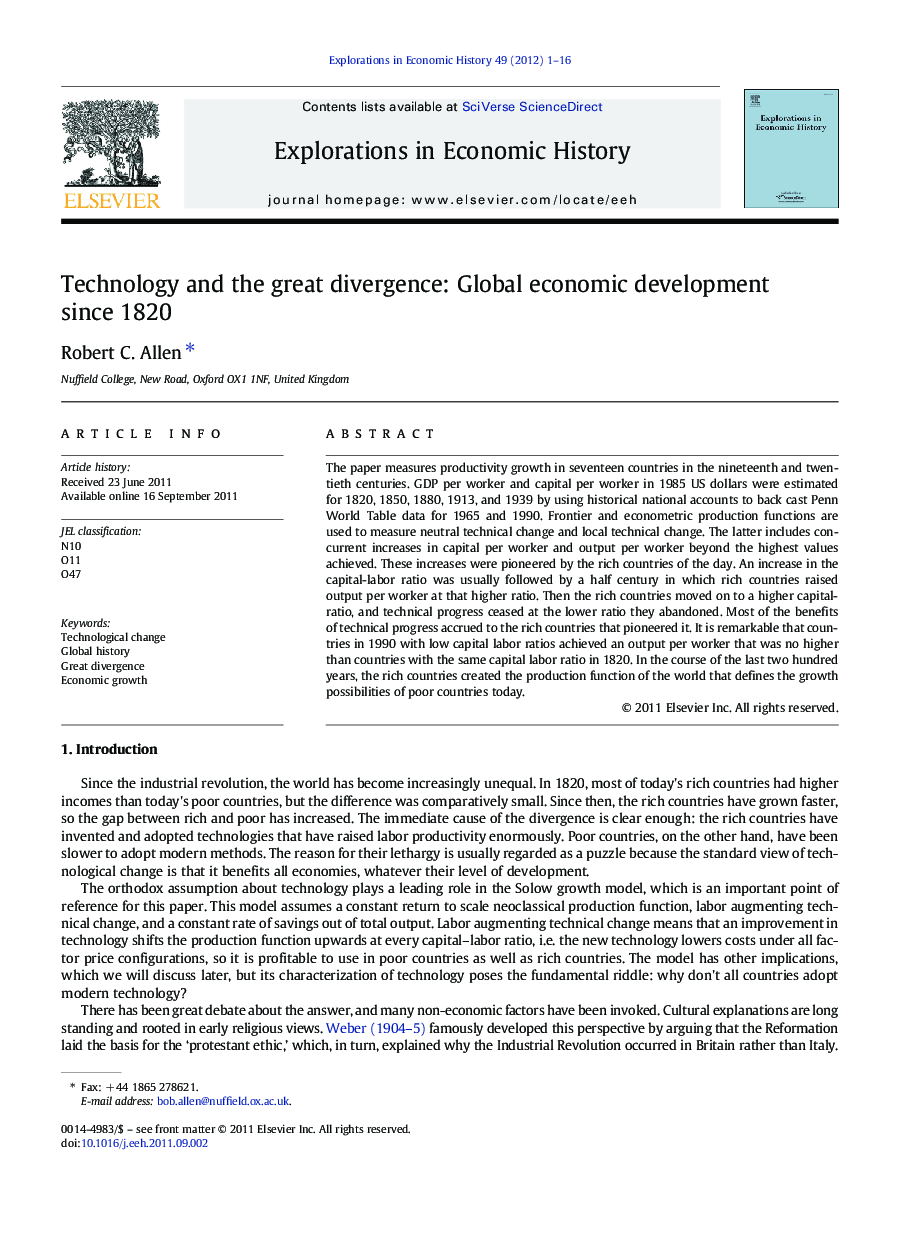 Technology and the great divergence: Global economic development since 1820