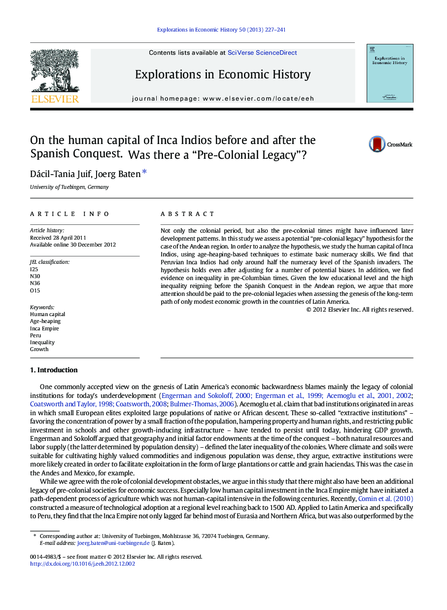 On the human capital of Inca Indios before and after the Spanish Conquest. Was there a “Pre-Colonial Legacy”?