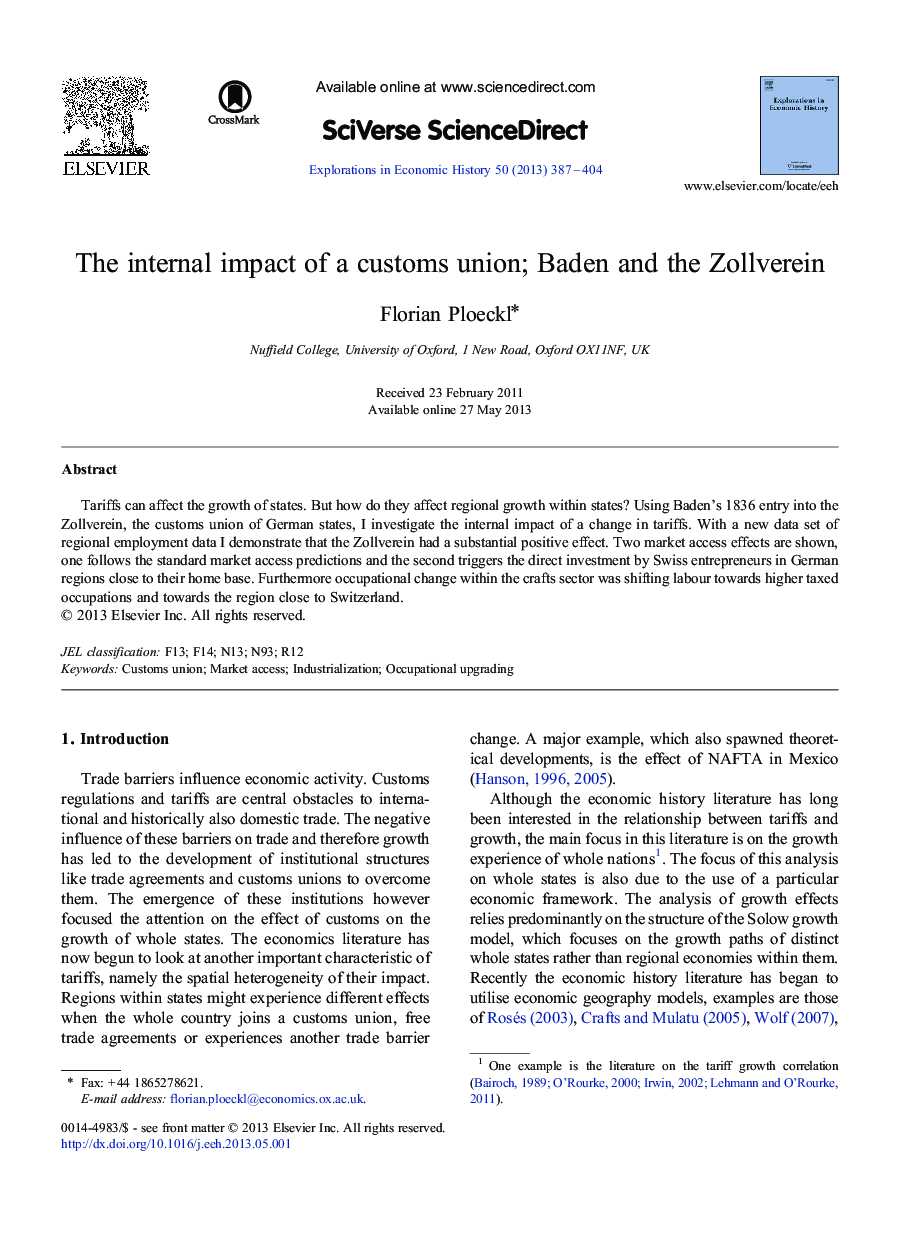 The internal impact of a customs union; Baden and the Zollverein