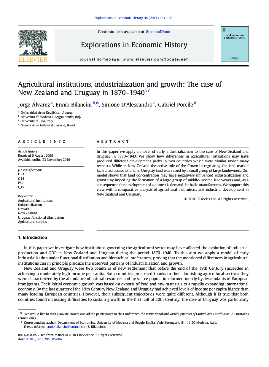 Agricultural institutions, industrialization and growth: The case of New Zealand and Uruguay in 1870-1940