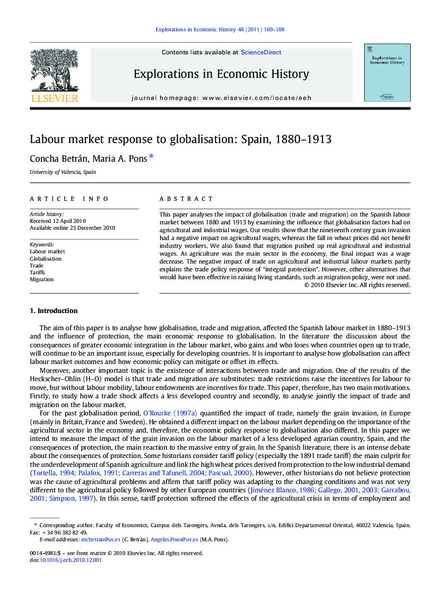 Labour market response to globalisation: Spain, 1880-1913