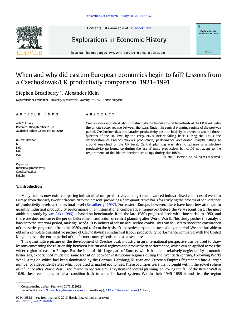 When and why did eastern European economies begin to fail? Lessons from a Czechoslovak/UK productivity comparison, 1921-1991