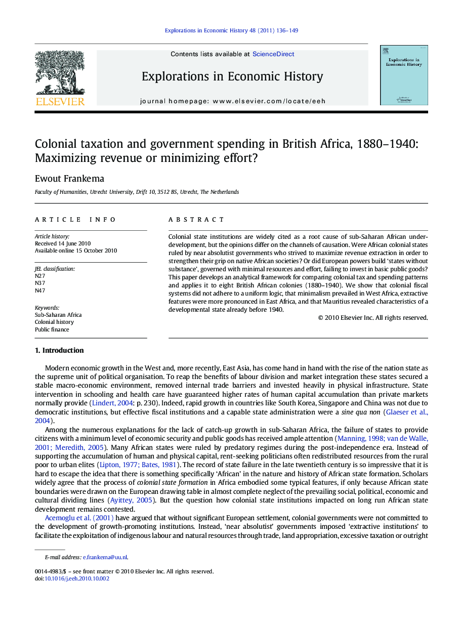 Colonial taxation and government spending in British Africa, 1880-1940: Maximizing revenue or minimizing effort?