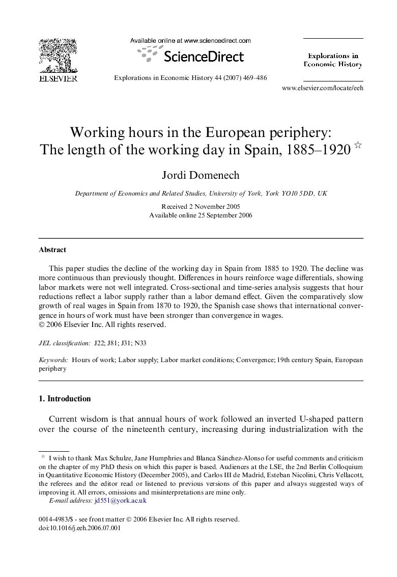 Working hours in the European periphery: The length of the working day in Spain, 1885-1920