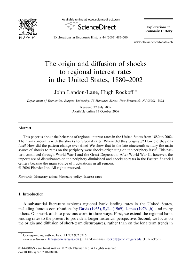 The origin and diffusion of shocks to regional interest rates in the United States, 1880-2002