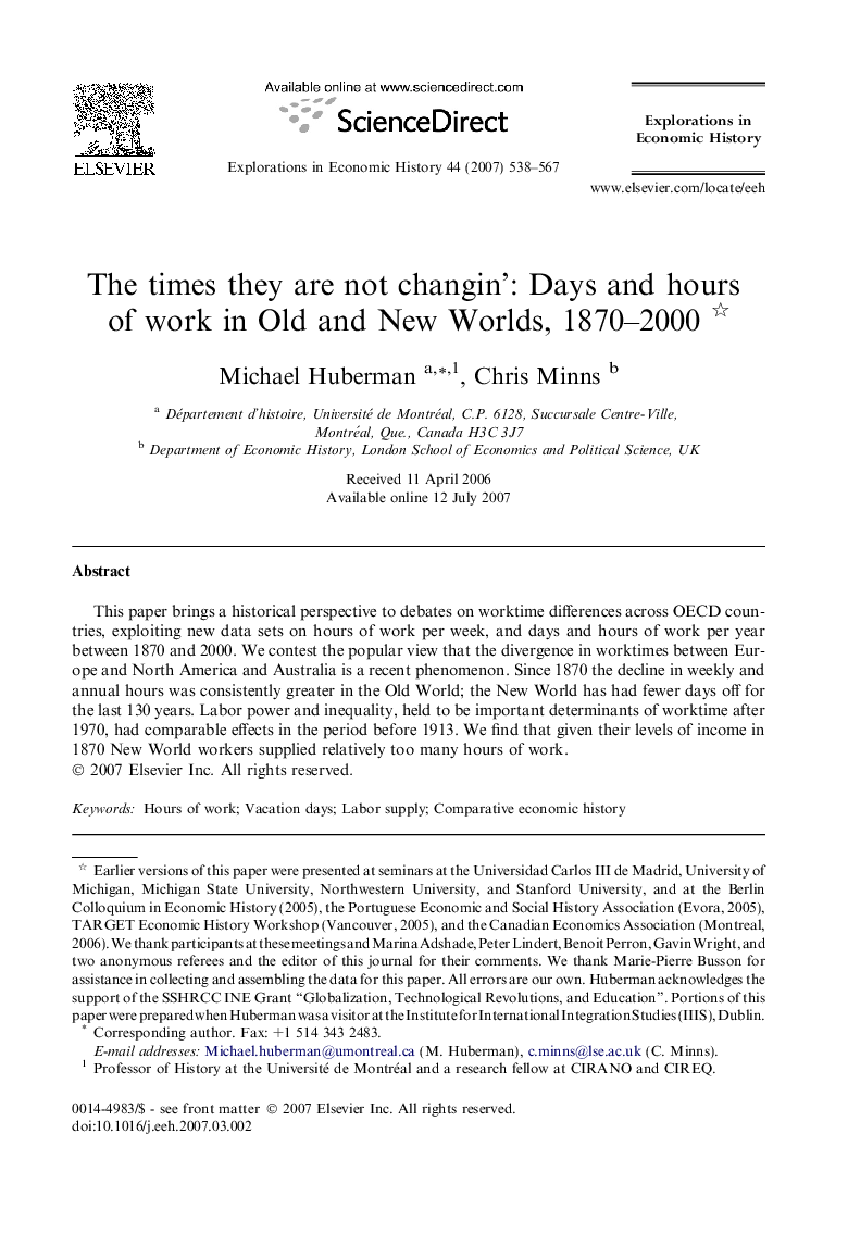 The times they are not changin': Days and hours of work in Old and New Worlds, 1870-2000