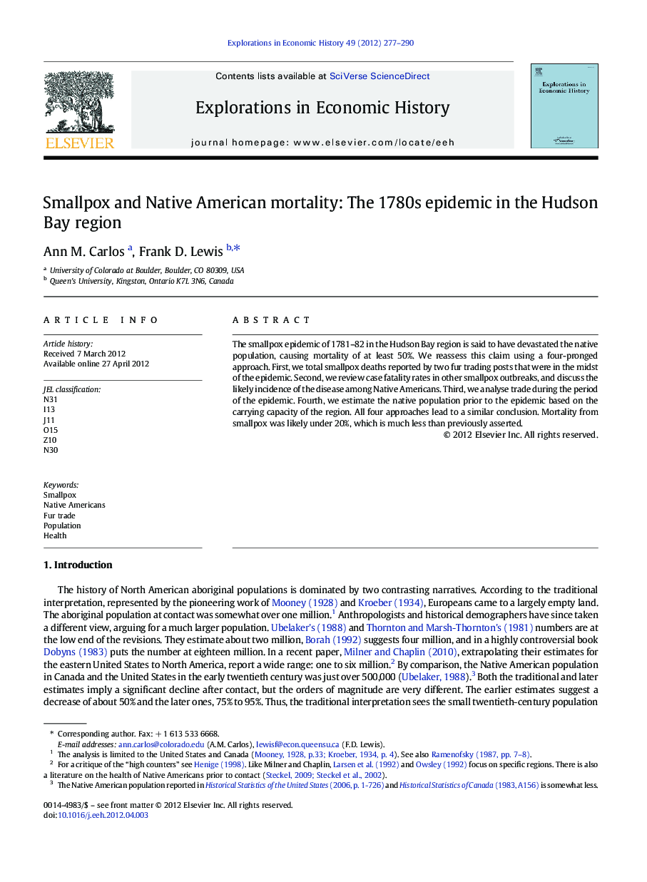 Smallpox and Native American mortality: The 1780s epidemic in the Hudson Bay region