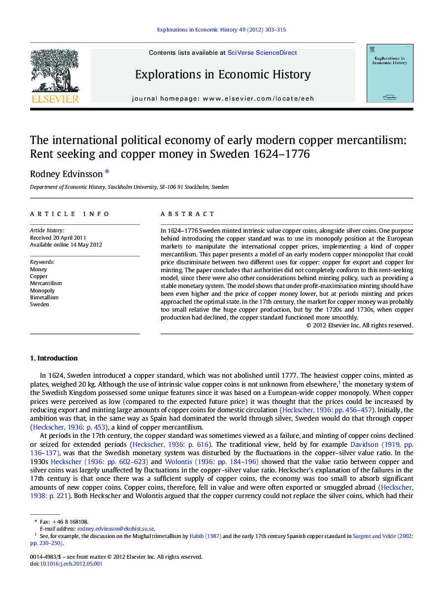 The international political economy of early modern copper mercantilism: Rent seeking and copper money in Sweden 1624-1776