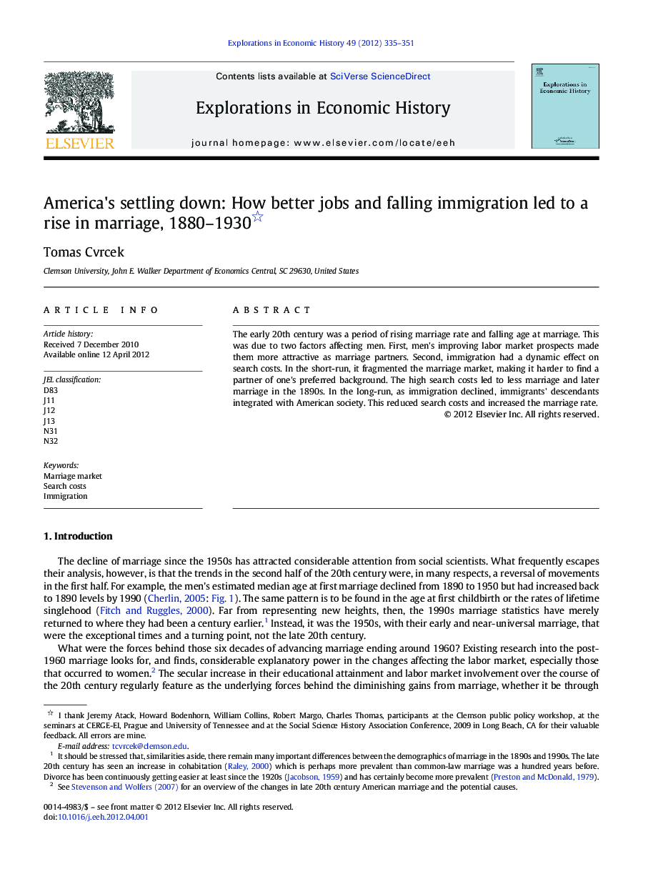 America's settling down: How better jobs and falling immigration led to a rise in marriage, 1880-1930