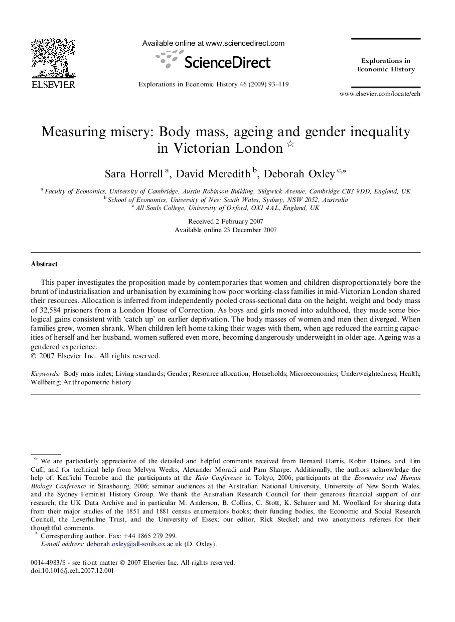 Measuring misery: Body mass, ageing and gender inequality in Victorian London