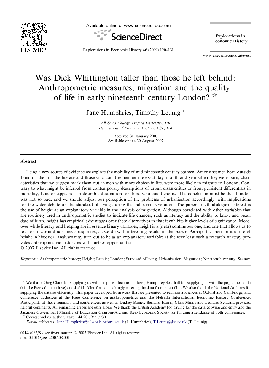 Was Dick Whittington taller than those he left behind? Anthropometric measures, migration and the quality of life in early nineteenth century London?