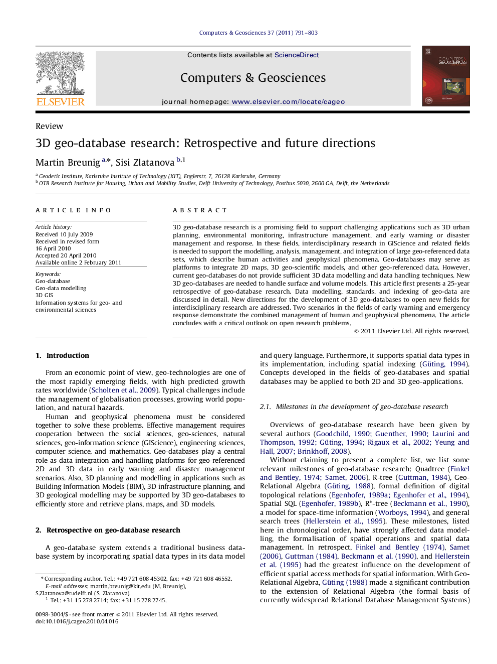 3D geo-database research: Retrospective and future directions